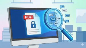 Schema acccesibilizării unui document pdf. Grafică cu un ecran de calculator pe care apare simbolul pdf sub o lupă