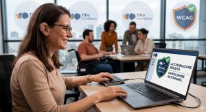 Instantaneu dintr-un meeting operativ. 4 persoane discută la o masă în fundal. În prin plan, o persoană utilizează un laptop cu tehnologie asistivă