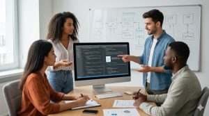 4 programatori discută despre accesibilizarea unui site web în fața unui calculator