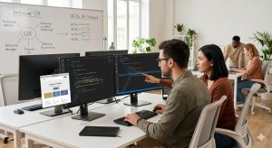 Programatori colaborând pentru accesibilizarea unui site web