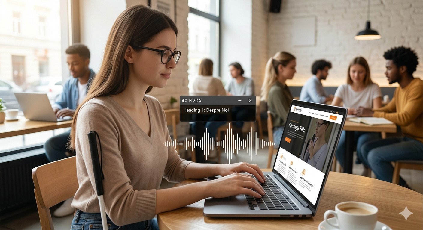 Persoană cu deficiență de vedere utilizând un laptop cu cititor de ecran