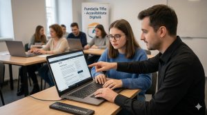 Sesiune de formare în utilizarea tehnologiei de acces. Mai mulți cursanți învață să utilizeze dispozitivele sub îndrumarea unor specialiști
