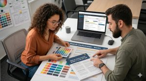 Specialiști alegând schema potrivită de culori pentru o aplicație web accesibilă