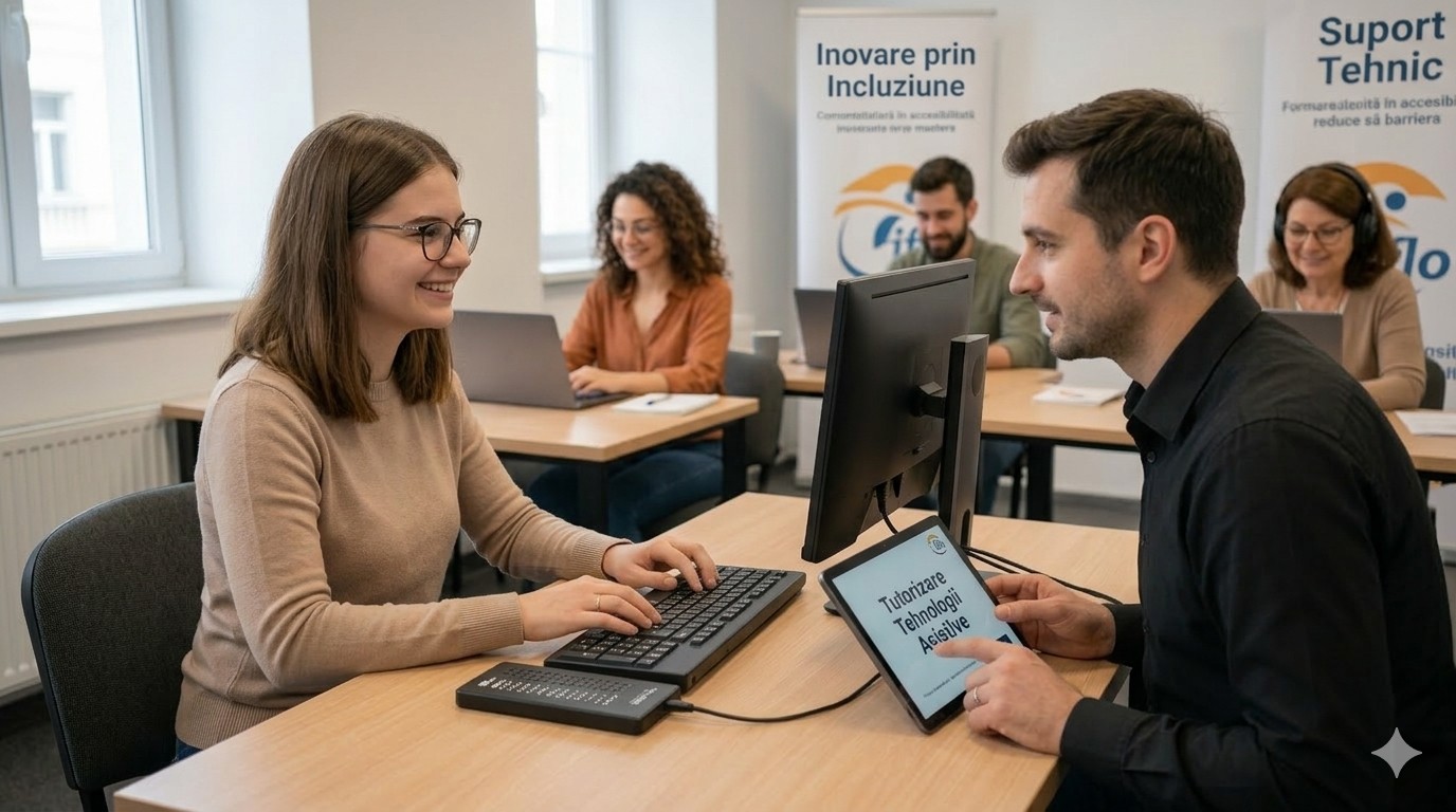 Tutore ghidând o persoană în utilizarea tehnologiei asistive