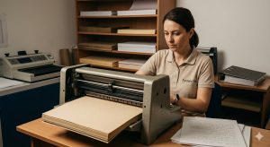 Specialist utilizând un echipament pentru producerea materialelor braille