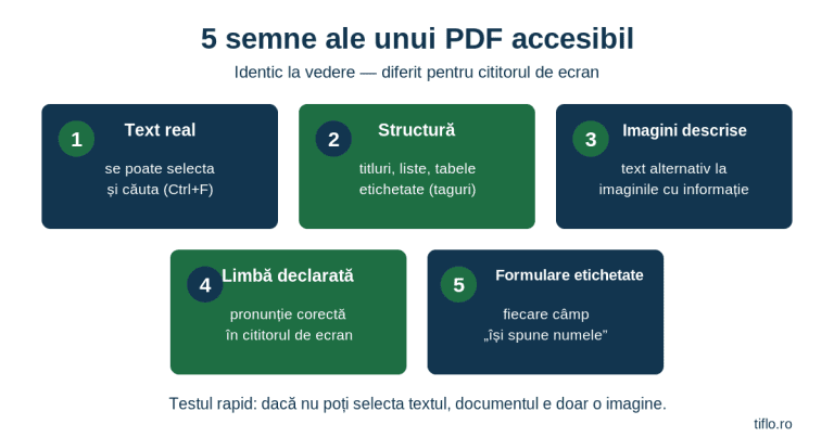 Infografic cu cinci semne ale unui PDF accesibil: text selectabil, structură cu titluri, descrieri pentru imagini, limbă declarată și formulare etichetate