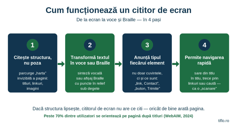 Infografic în patru pași: cititorul de ecran citește structura paginii, o transformă în voce sau Braille, anunță tipul fiecărui element și permite navigarea rapidă prin titluri