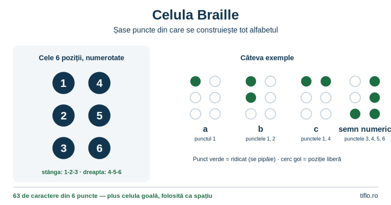 Infografic despre celula Braille: șase puncte pe două coloane și trei rânduri, numerotate 1-2-3 în stânga și 4-5-6 în dreapta, cu exemple de litere a, b, c și semnul numeric pentru cifre