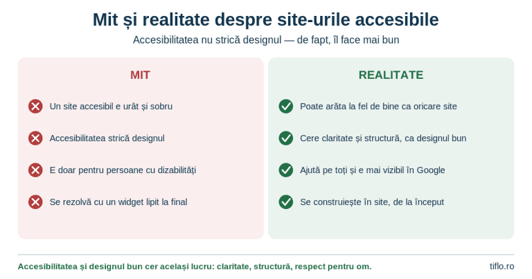Infografic care compară mitul și realitatea despre site-urile accesibile: pe de o parte prejudecata că accesibilitatea strică designul, pe de alta beneficiile reale — utilizabil de toți, mai bine în căutări, conform legal