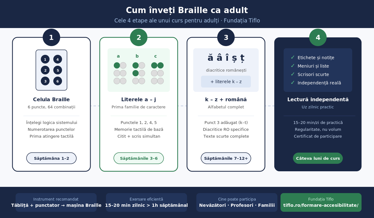 Diagrama etapelor de învățare a alfabetului Braille ca adult: celula, primele litere, instrumentele, și lectura fluenta