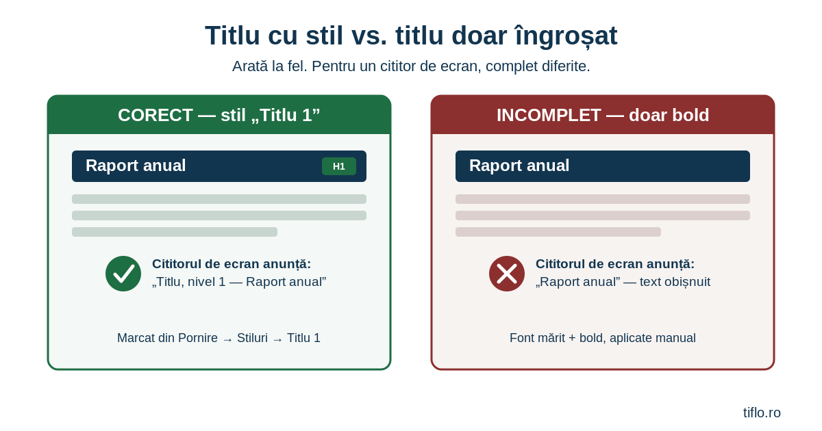 Comparație: titlu marcat cu stilul Titlu 1 în Word, recunoscut de cititorul de ecran, față de titlu doar îngroșat manual, nerecunoscut ca titlu
