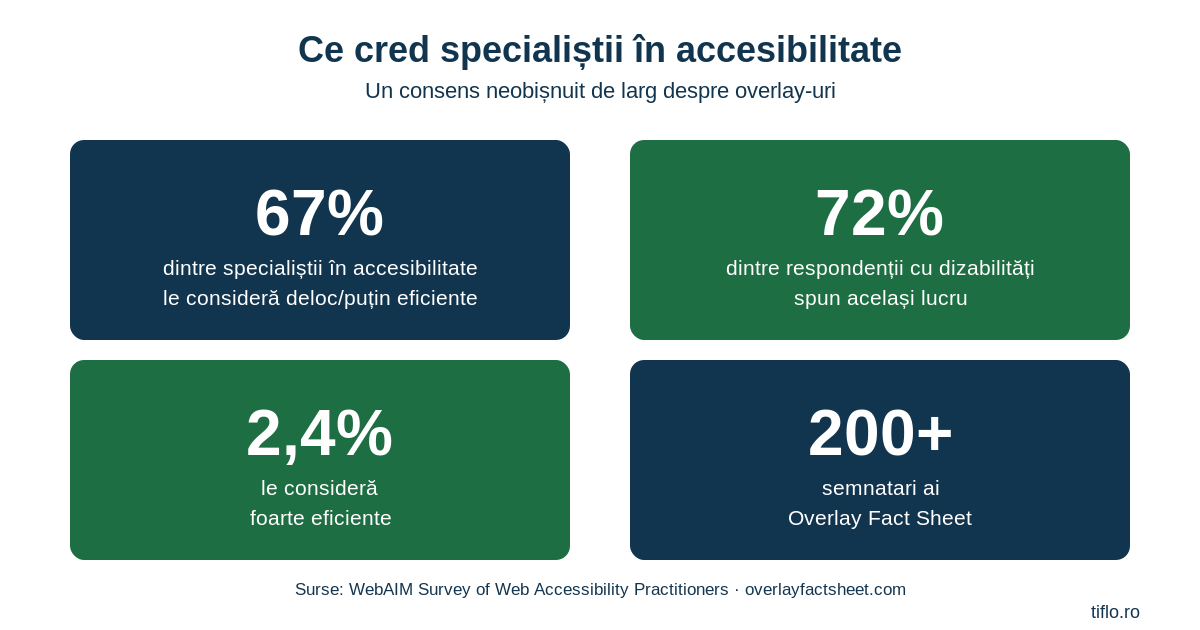 Infografic cu date despre overlay-uri de accesibilitate: 67% dintre specialiști le consideră ineficiente, 72% dintre respondenții cu dizabilități, doar 2,4% foarte eficiente, peste 200 de semnatari ai Overlay Fact Sheet