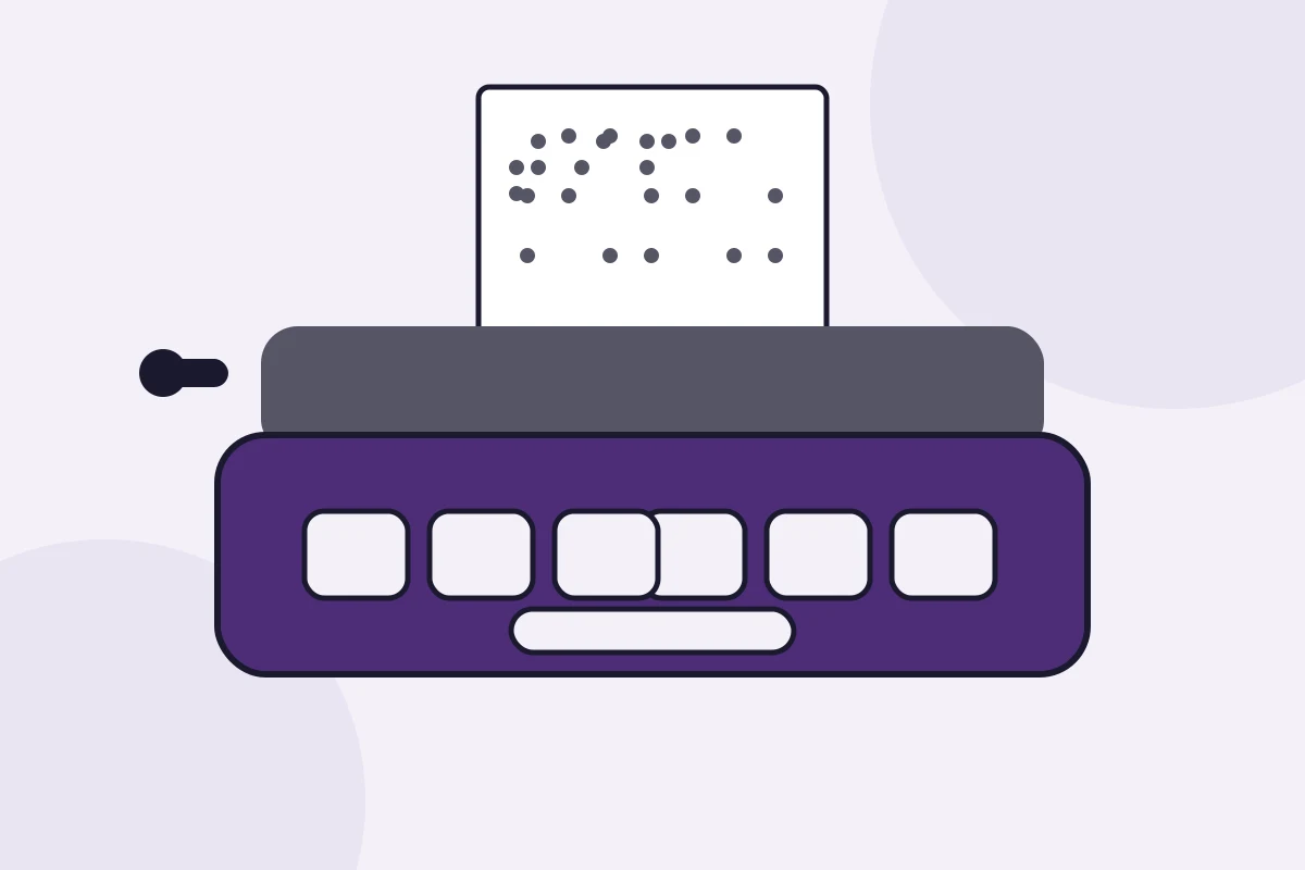 Ilustrație: mașină de scris Braille cu șase taste late și bară de spațiu, cu o coală cu puncte în relief ieșind din ea