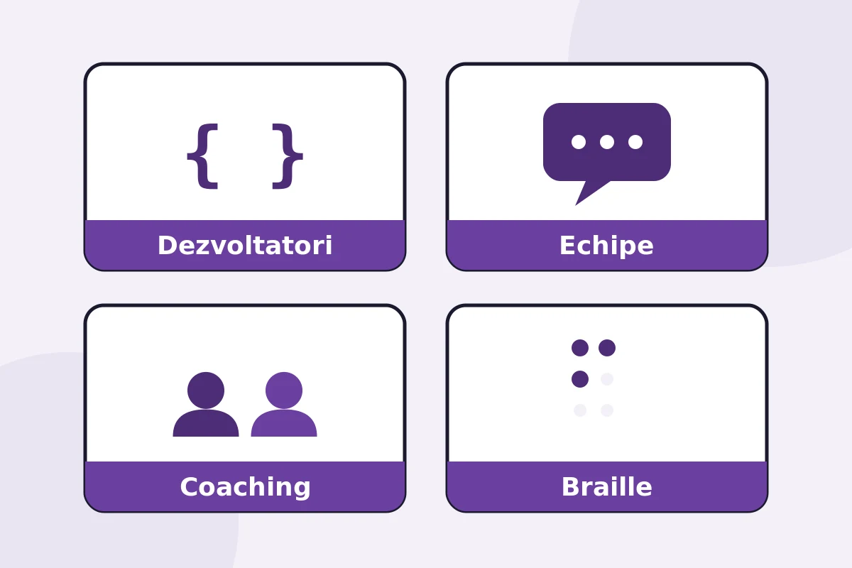 Ilustrație cu cele patru programe de formare: workshop pentru dezvoltatori, sesiuni pentru echipe, coaching individual și curs de Braille