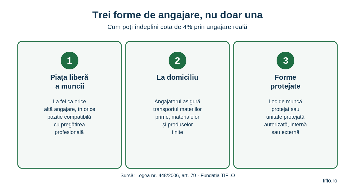 Cele trei forme de angajare a persoanelor cu dizabilități recunoscute de lege: pe piața liberă a muncii, la domiciliu și în forme protejate — loc de muncă protejat sau unitate protejată autorizată