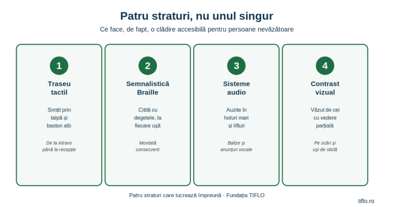 Infografic cu cele patru straturi ale unei clădiri accesibile pentru persoane nevăzătoare: traseu tactil, semnalistică Braille, sisteme audio și contrast vizual