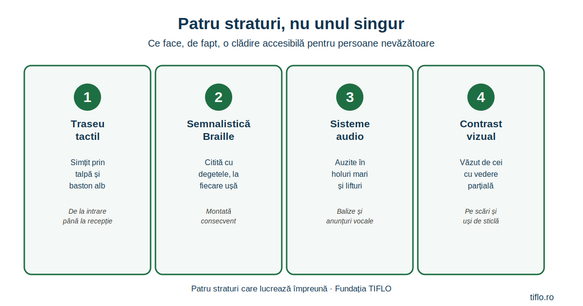 Infografic cu cele patru straturi ale unei clădiri accesibile pentru persoane nevăzătoare: traseu tactil, semnalistică Braille, sisteme audio și contrast vizual