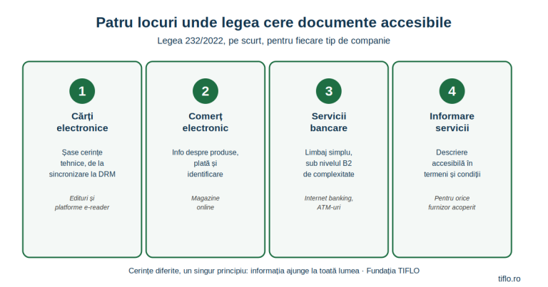 Infografic cu patru situații în care Legea 232/2022 cere documente accesibile: cărți electronice, comerț electronic, servicii bancare și informații despre serviciu