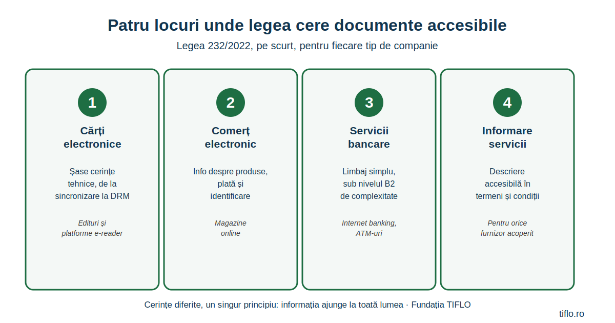 Infografic cu patru situații în care Legea 232/2022 cere documente accesibile: cărți electronice, comerț electronic, servicii bancare și informații despre serviciu