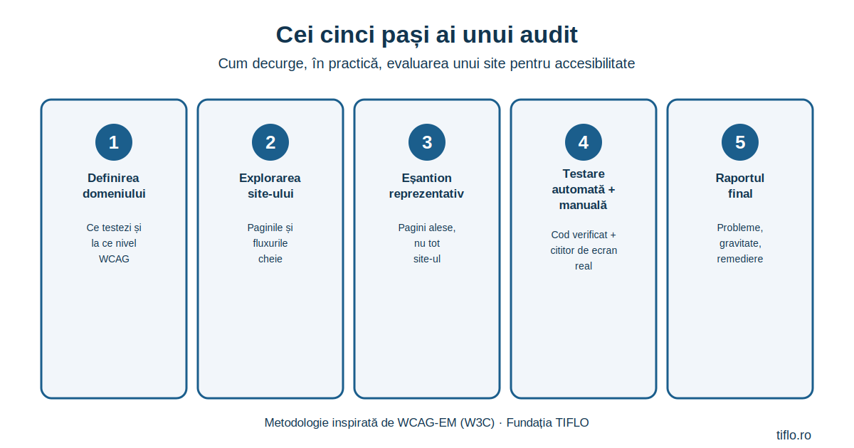 Infografic cu cei cinci pași ai unui audit de accesibilitate web: definirea domeniului, explorarea site-ului, eșantionul reprezentativ, testarea și raportul final