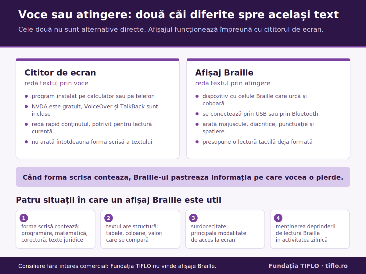 Comparație între cititorul de ecran, care redă textul prin voce, și afișajul Braille, care îl redă prin atingere. Cele două nu sunt alternative directe, iar afișajul funcționează împreună cu cititorul de ecran. Sunt prezentate patru situații în care un afișaj Braille este util: când forma scrisă contează, când textul are structură, în cazul surdocecității și pentru menținerea deprinderii de lectură Braille.