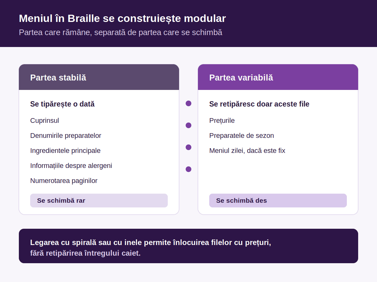Infografic împărțit în două coloane. Partea stabilă a meniului, care se tipărește o dată, conține cuprinsul, denumirile preparatelor, ingredientele principale, informațiile despre alergeni și numerotarea paginilor, și se schimbă rar. Partea variabilă, din care se retipăresc doar filele respective, conține prețurile, preparatele de sezon și meniul zilei, și se schimbă des. Sub ele, precizarea că legarea cu spirală sau cu inele permite înlocuirea filelor cu prețuri fără retipărirea întregului caiet.