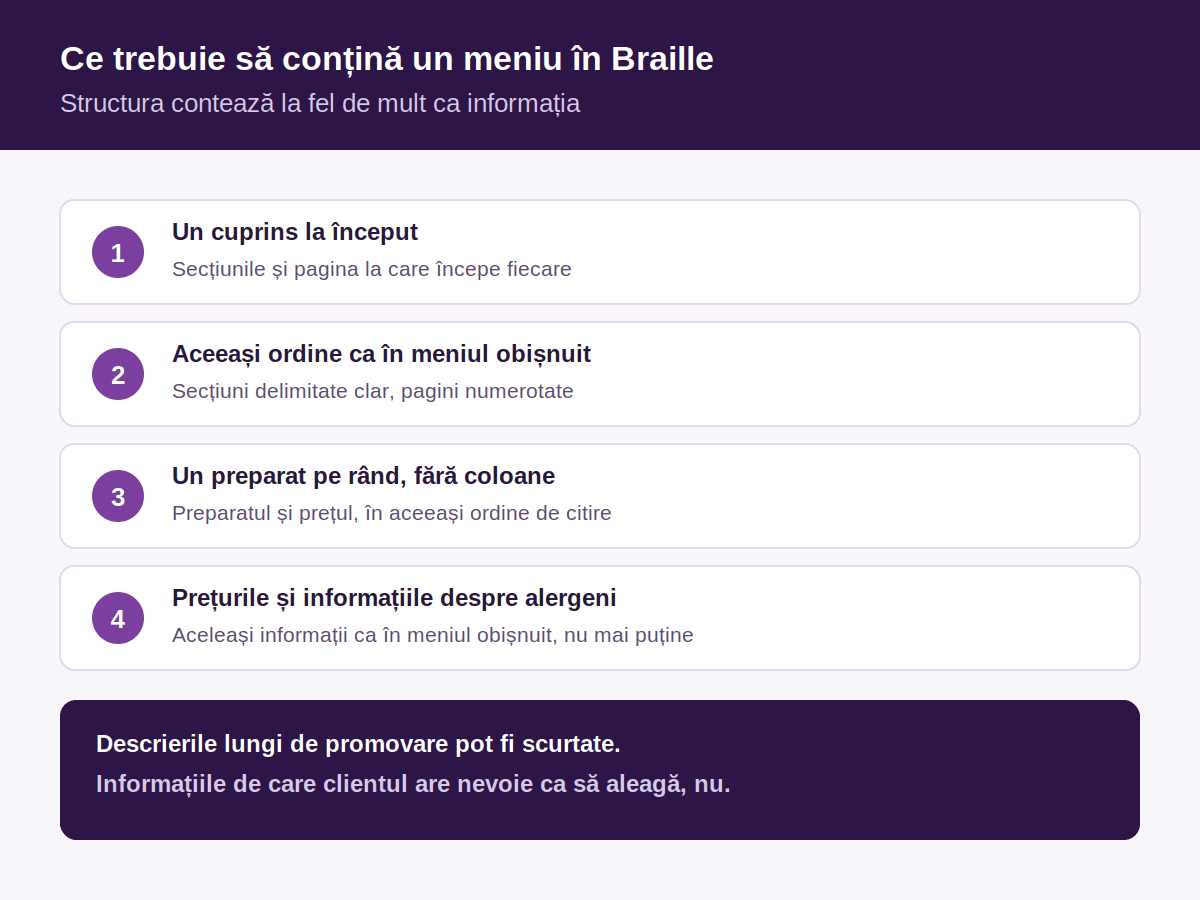 Infografic cu patru elemente numerotate pe care trebuie să le conțină un meniu în Braille. Unu, un cuprins la început, cu secțiunile și pagina la care începe fiecare. Doi, aceeași ordine ca în meniul obișnuit, cu secțiuni delimitate clar și pagini numerotate. Trei, un preparat pe rând, fără coloane, cu preparatul și prețul în aceeași ordine de citire. Patru, prețurile și informațiile despre alergeni, aceleași informații ca în meniul obișnuit, nu mai puține. Sub ele, precizarea că descrierile lungi de promovare pot fi scurtate, dar informațiile de care clientul are nevoie ca să aleagă, nu.