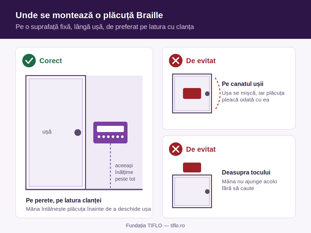 Schemă: plăcuța Braille montată pe peretele de lângă ușă, pe latura cu clanța, la aceeași înălțime în toată clădirea. Alături, două amplasări de evitat: pe canatul ușii, care pleacă odată cu ea, și deasupra tocului, unde mâna nu ajunge.