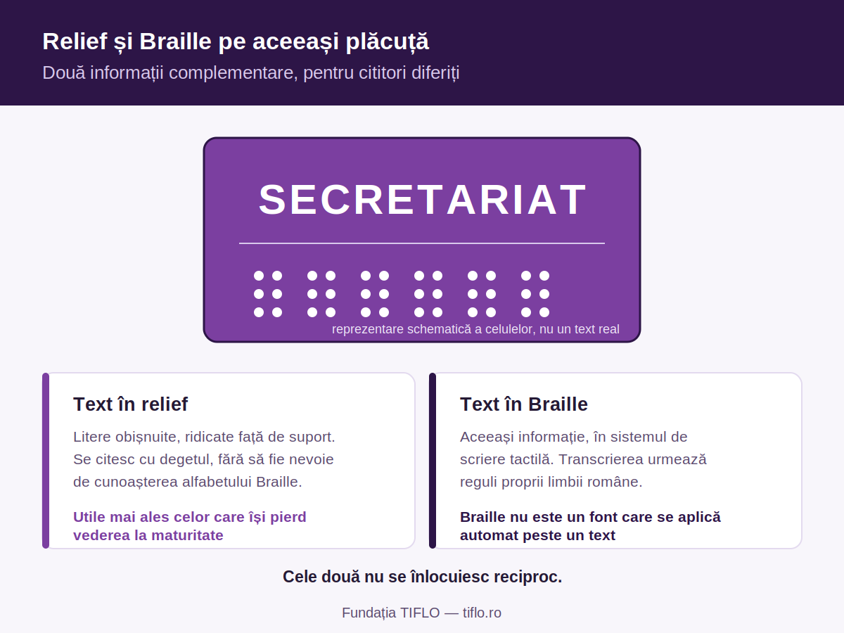 Schemă: o plăcuță cu două straturi de informație. Sus, textul în relief cu litere obișnuite, pentru cine nu citește Braille. Dedesubt, același text în Braille, reprezentat schematic prin celule, nu ca text real.