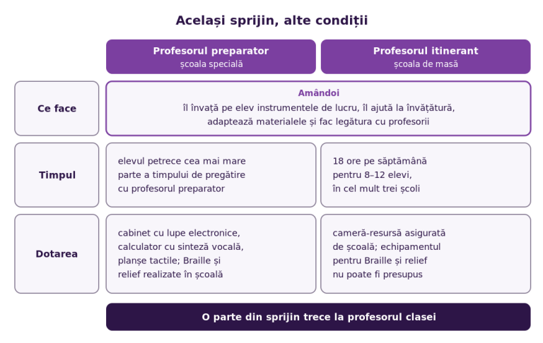 Comparație între profesorul preparator din școala specială și profesorul itinerant și de sprijin din școala de masă. Amândoi învață elevul instrumentele de lucru, îl ajută la învățătură, adaptează materialele și fac legătura cu profesorii. Diferă timpul: în școala specială, elevul petrece cea mai mare parte a timpului de pregătire cu profesorul preparator, iar profesorul itinerant are 18 ore pe săptămână pentru 8–12 elevi, în cel mult trei școli. Diferă și dotarea: școala specială are cabinet cu lupe electronice, calculator cu sinteză vocală și planșe tactile și realizează materialele în Braille și în relief, iar în școala de masă există camera-resursă, dar echipamentul pentru Braille și relief nu poate fi presupus.